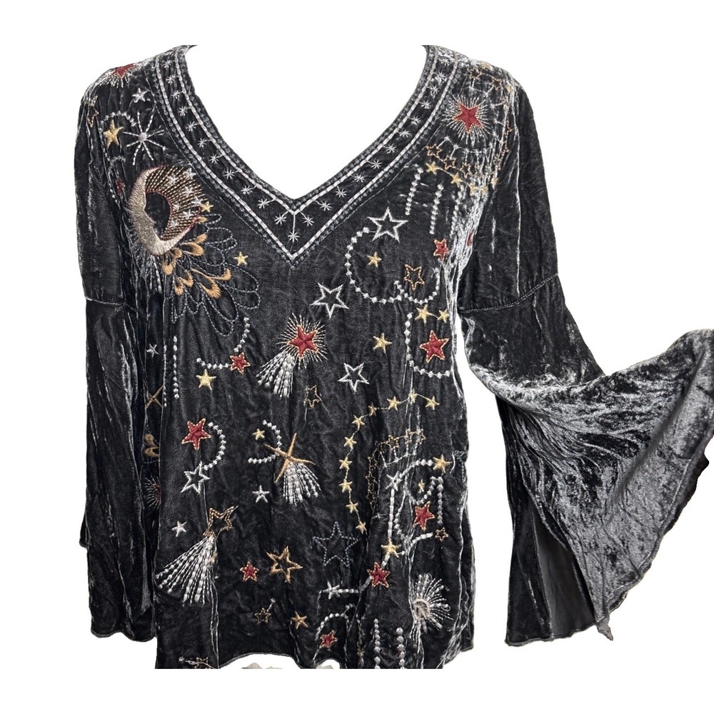 Johnny Was Velvet Callisto Top Celestial Moon Stars Embroidered XS Charcoal Boho